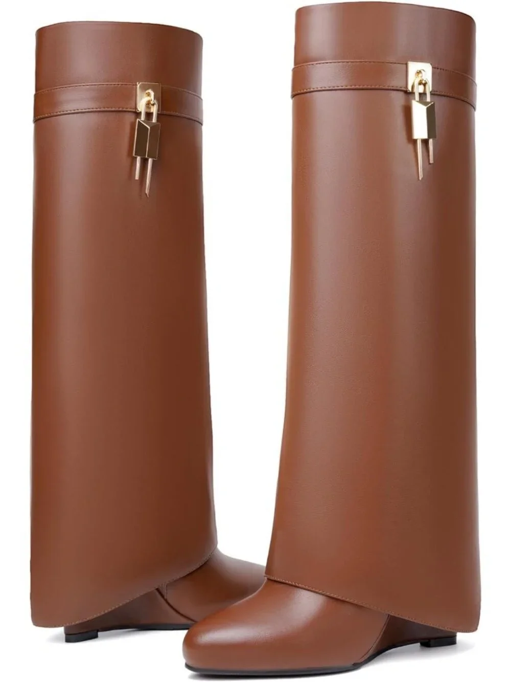 Women's Brown Pointed Toe Wedge Heel Side Zipper Knee High Shark Boots